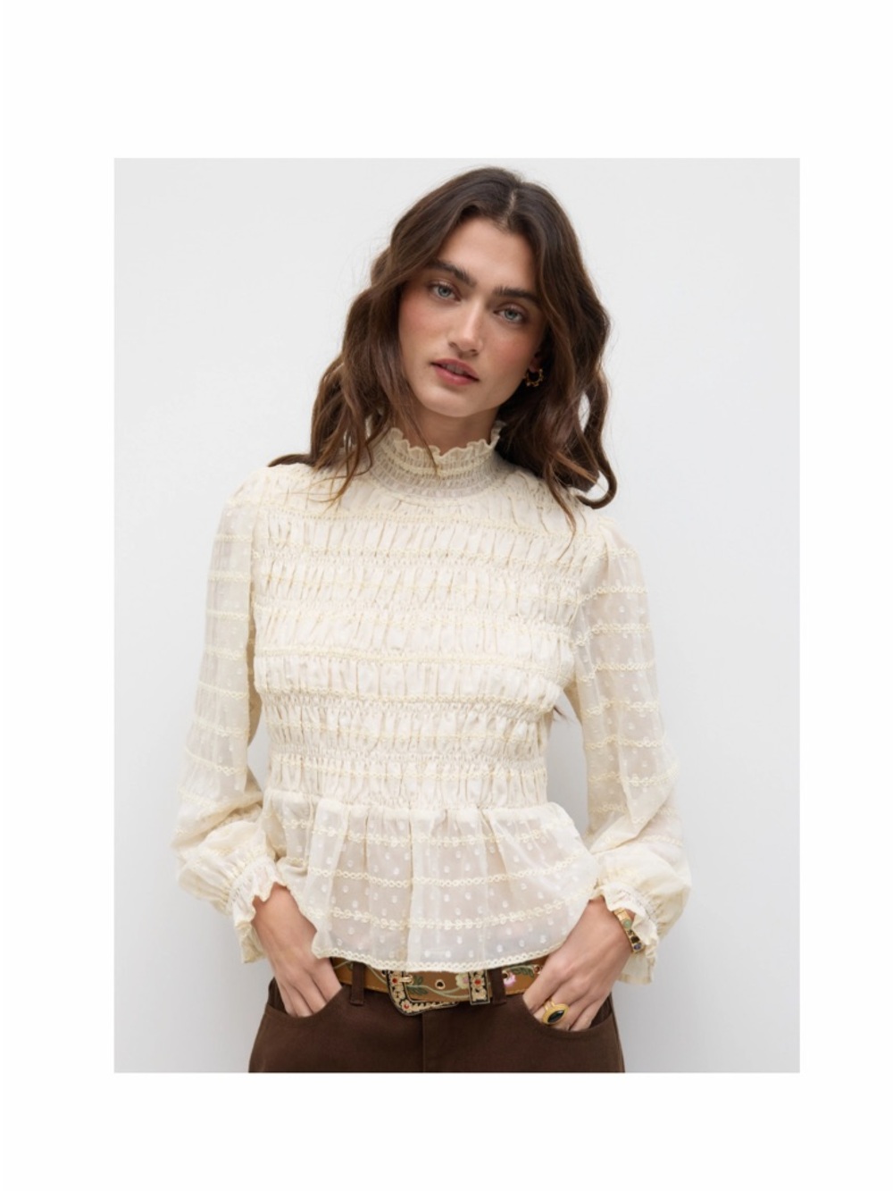 High Neck Shirred Lettuce Trim Long Sleeve Blouse